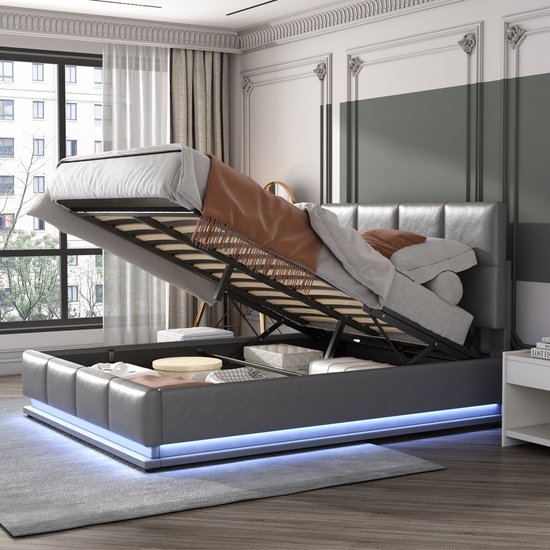Gestoffeerd bed 140x200 cm met LED verlichting - hydraulisch hefbaar bed met opbergruimte - bedstee & lattenbodem kunstleer tweepersoonsbed -volwassenen jeugdbed -grijs
