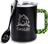 Angler Travel Mug met Lepel - Roestvrijstalen Travel Mug met Deksel en Geëtste Carpy Lepel (Neon & Zwart Handvat)