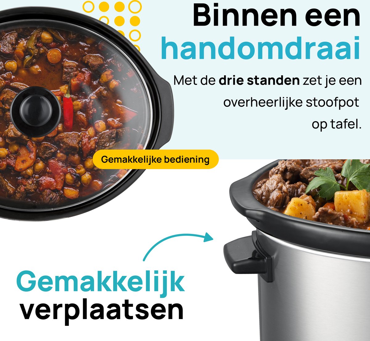 Afbeelding 3 van MOA Slowcooker 6,5L - Ø 24,5cm - Keramische Binnenpan - Doorzichtige Deksel - 3 Warmtestanden - Vaatwasserbestendig - BPA-Vrij - RVS