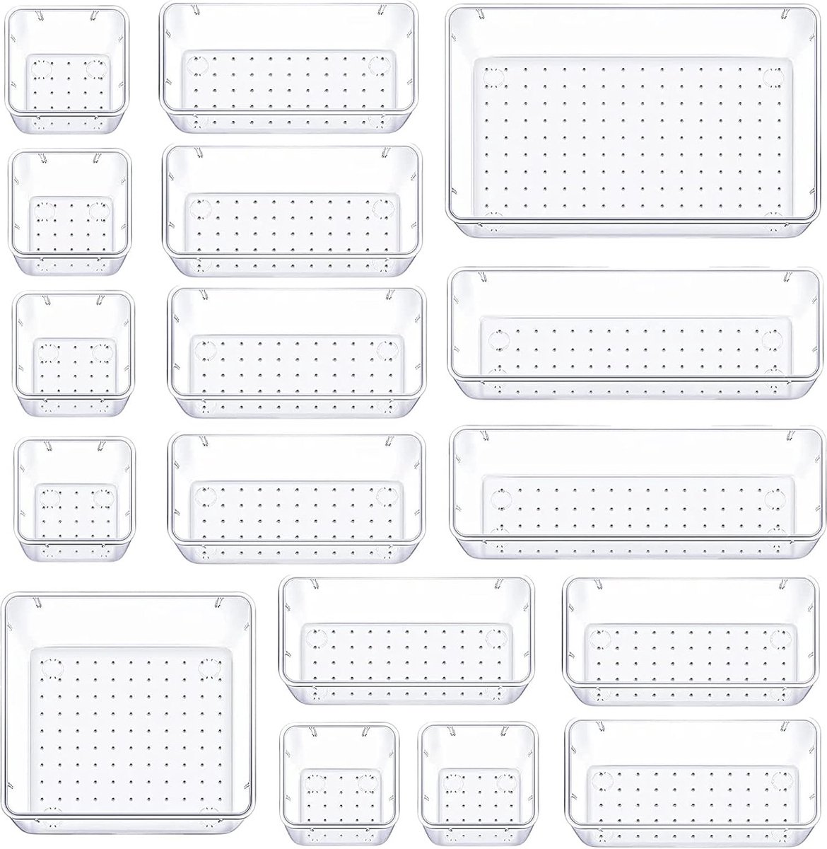 Goedkoopste Opbergsysteem, 17 stuks, transparante lade-organizer, kunststof opbergdozen, make-up organizer, lade voor make-up, sieraden en gadgets, slaapkamer, badkamer, kantoor