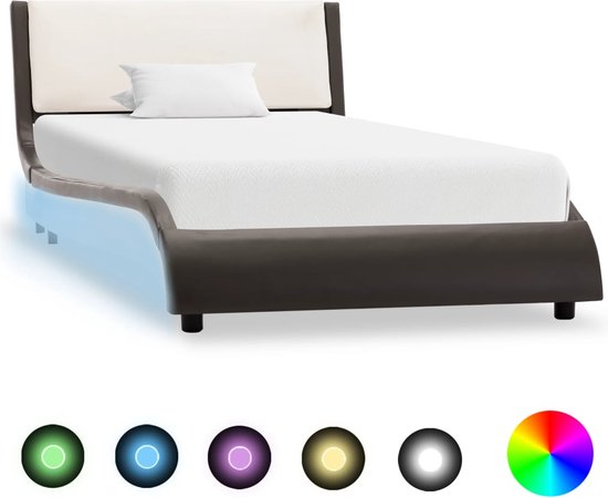 vidaXL Cadre de lit avec LED en cuir artificiel Gris et blanc 90x200 cm