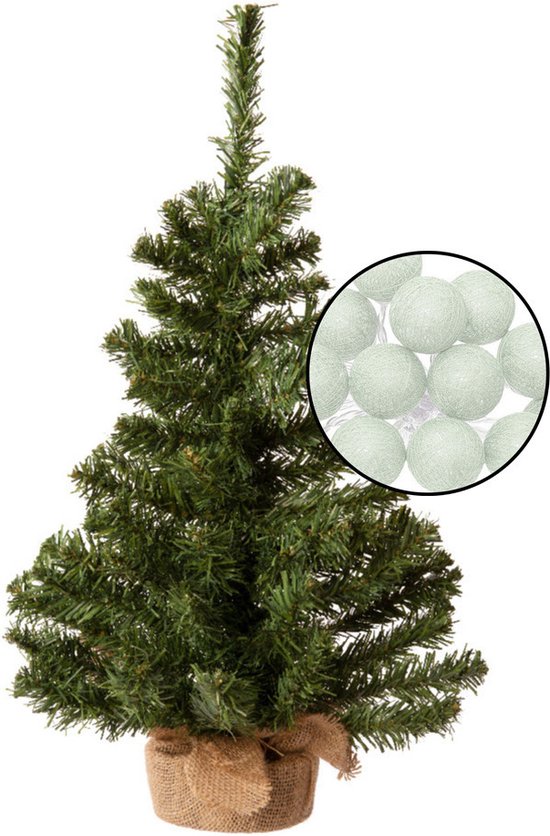 Mini kunst kerstboom groen - met lichtsnoer bollen lichtgroen - H60 cm
