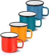 Lot de 4 tasses à café en émail de 350 ml Rouge/Bleu/Vert/Jaune Tasses à thé en porcelaine émaillée avec poignée pour camping, fête, bureau, réutilisables et portables