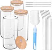 Set van 4 cocktailglazen met deksel, 500 ml, Iced Coffee Glass in Blikvorm, ideaal voor ijskoffie en cocktails, longdrinkglas, ijskoffieglazen, BPA-vrij