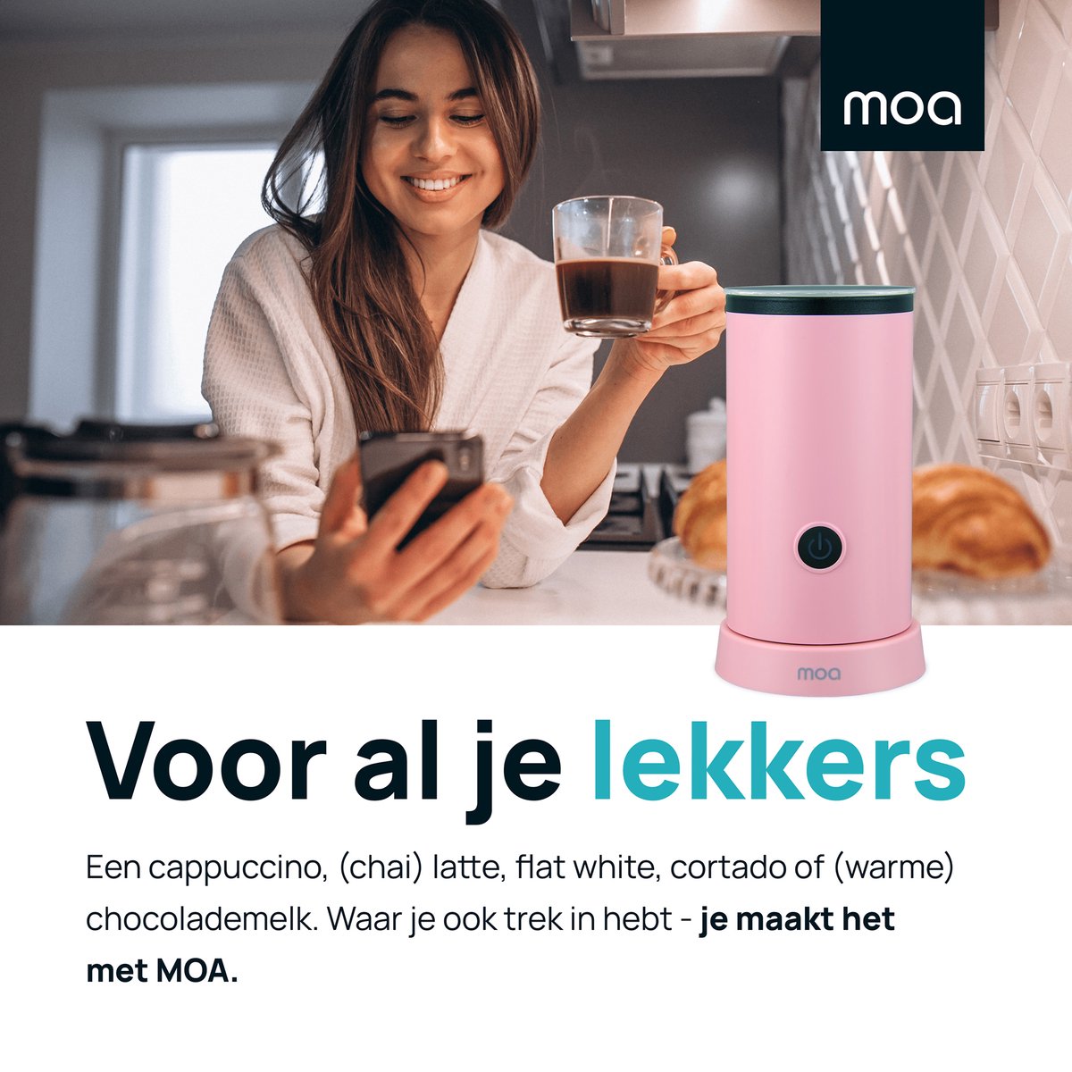 MOA Elektrische Melkopschuimer - 2-in-1 - Handige Melkschuimer - 240 ML - Voor Cappuccino - Melkklopper - Roze — cadeau in Kookcadeaus - foto 4