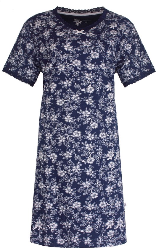 TENGD1307A Chemise de Nuit Femme Tenderness - Imprimé Floral - 100% Katoen Peigné - Bleu Marine - Tailles: L