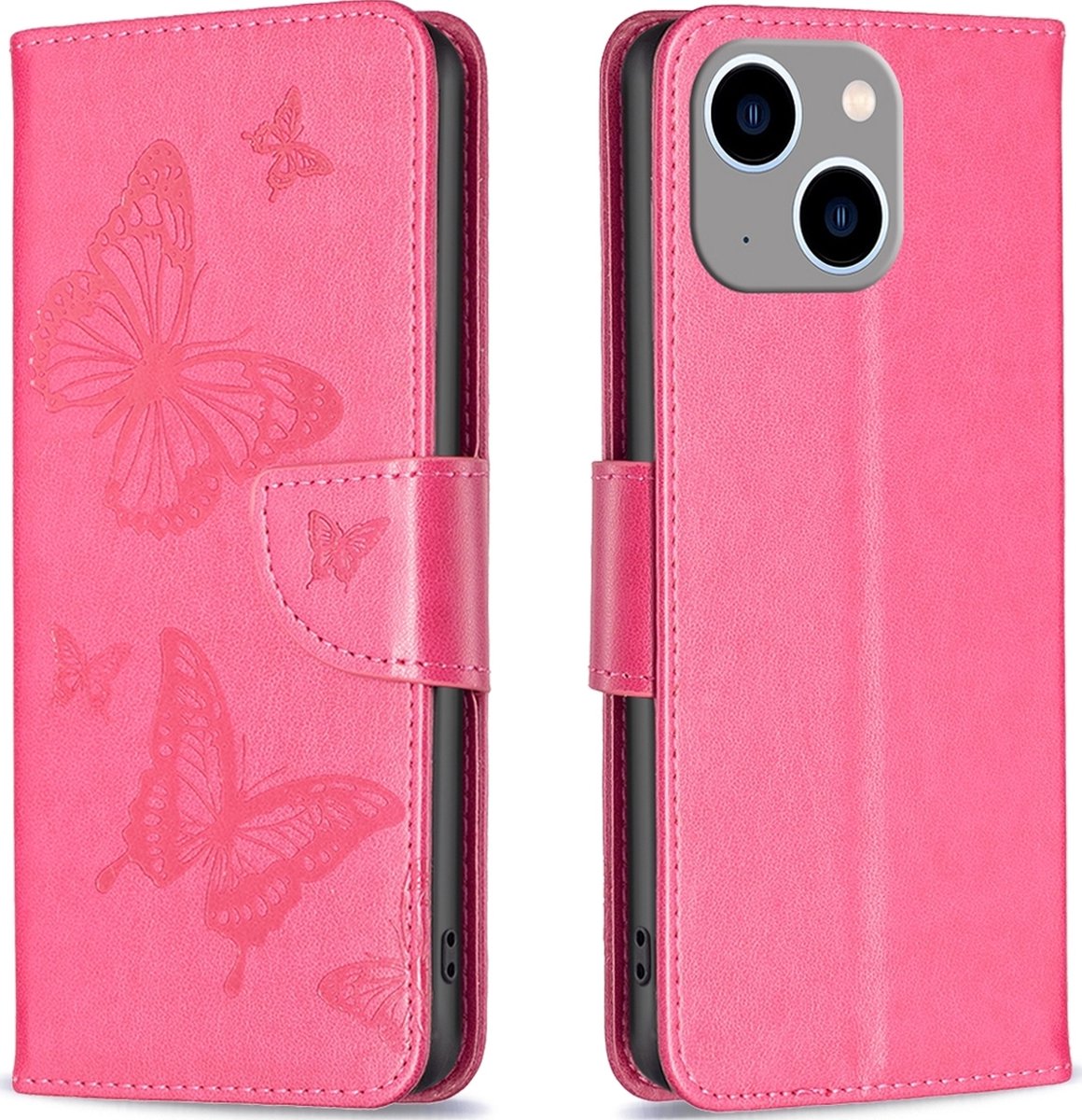 Mobigear Telefoonhoesje geschikt voor Apple iPhone 15 Plus Hoesje | Mobigear Butterfly Bookcase Portemonnee | Pasjeshouder voor 3 Pasjes | Telefoonhoesje voor Pinpas / OV Kaart / Rijbewijs - Magenta