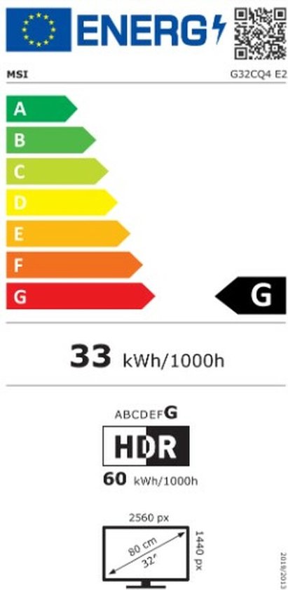 Energie-etiket voor MSI G32CQ4 E2 monitor, energielabel G, 33 kWh/1000h.