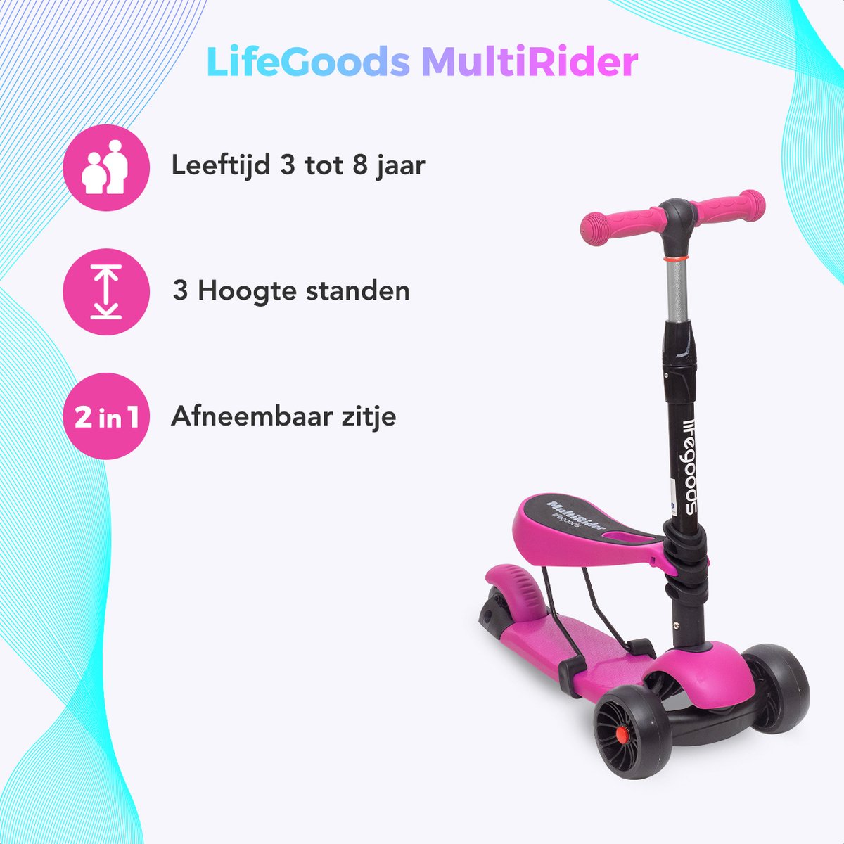 LifeGoods MultiRider Kinderstep - Step 3-8 Jaar - Hoogte Verstelbaar Zitje - Lichtgevende LED Wielen - Jongens/Meisjes - Roze — afbeelding 3