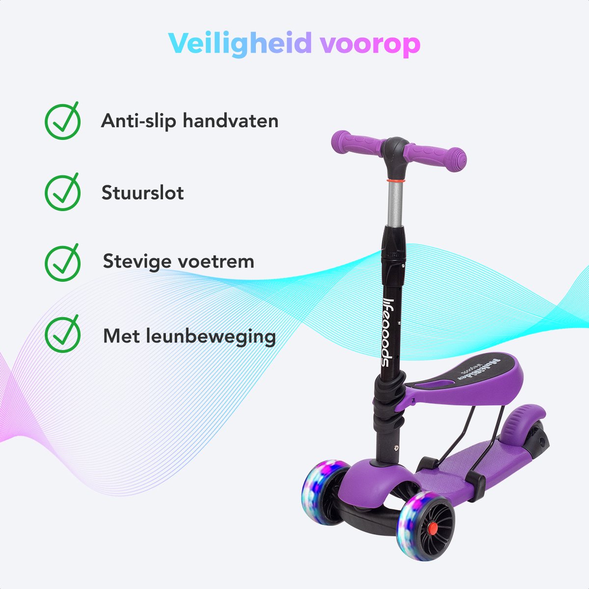 LifeGoods MultiRider Kinderstep - Step 3-8 Jaar - Hoogte Verstelbaar Zitje - Lichtgevende LED Wielen - Jongens/Meisjes - Paars — afbeelding 10