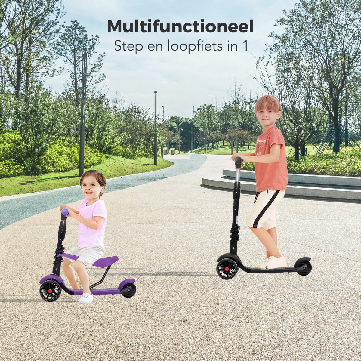 LifeGoods MultiRider Kinderstep - Step 3-8 Jaar - Hoogte Verstelbaar Zitje - Lichtgevende LED Wielen - Jongens/Meisjes - Paars — afbeelding 6