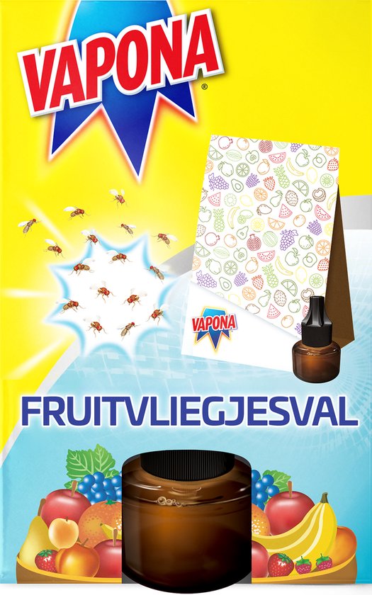 Vapona fruitvliegjesval met "Green Action" logo, illustratie van vliegende insecten, een potje met vruchten en "tot 8 weken" tekst.
