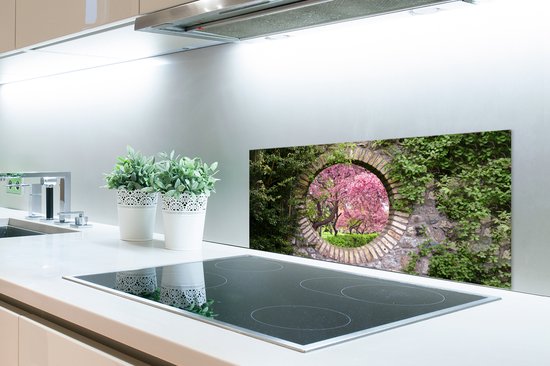 Spatscherm keuken 90x45 cm - Kookplaat achterwand Doorkijk - Sakura - Bloesem - Japans - Muurbeschermer - Spatwand fornuis - Hoogwaardig aluminium