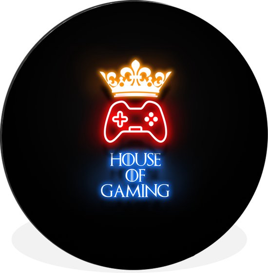 WallCircle - Wandcirkel - Muurcirkel - Gaming quotes - Neon - House of gaming - Kroon - Tekst - Aluminium - Dibond - ⌀ 90 cm - Binnen en Buiten