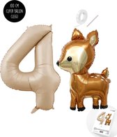 Snoes - Bambi Basis ballon set XXL Cijferballon Zand Beige 4 - Lief Hert + Cijfer Ballon 4 Jaar - Helium Geschikt