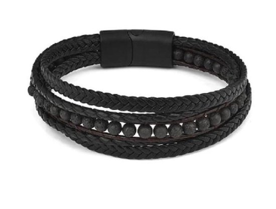 Sorprese armband - Exclusive - armband heren - leer - kralen - zwart - 20,5 cm - cadeau - Model L