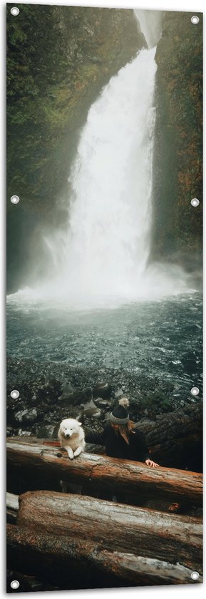 Tuinposter – Water - Waterval - Stenen - Hout - Dier - Hond - Persoon - 50x150 cm Foto op Tuinposter (wanddecoratie voor buiten en binnen)