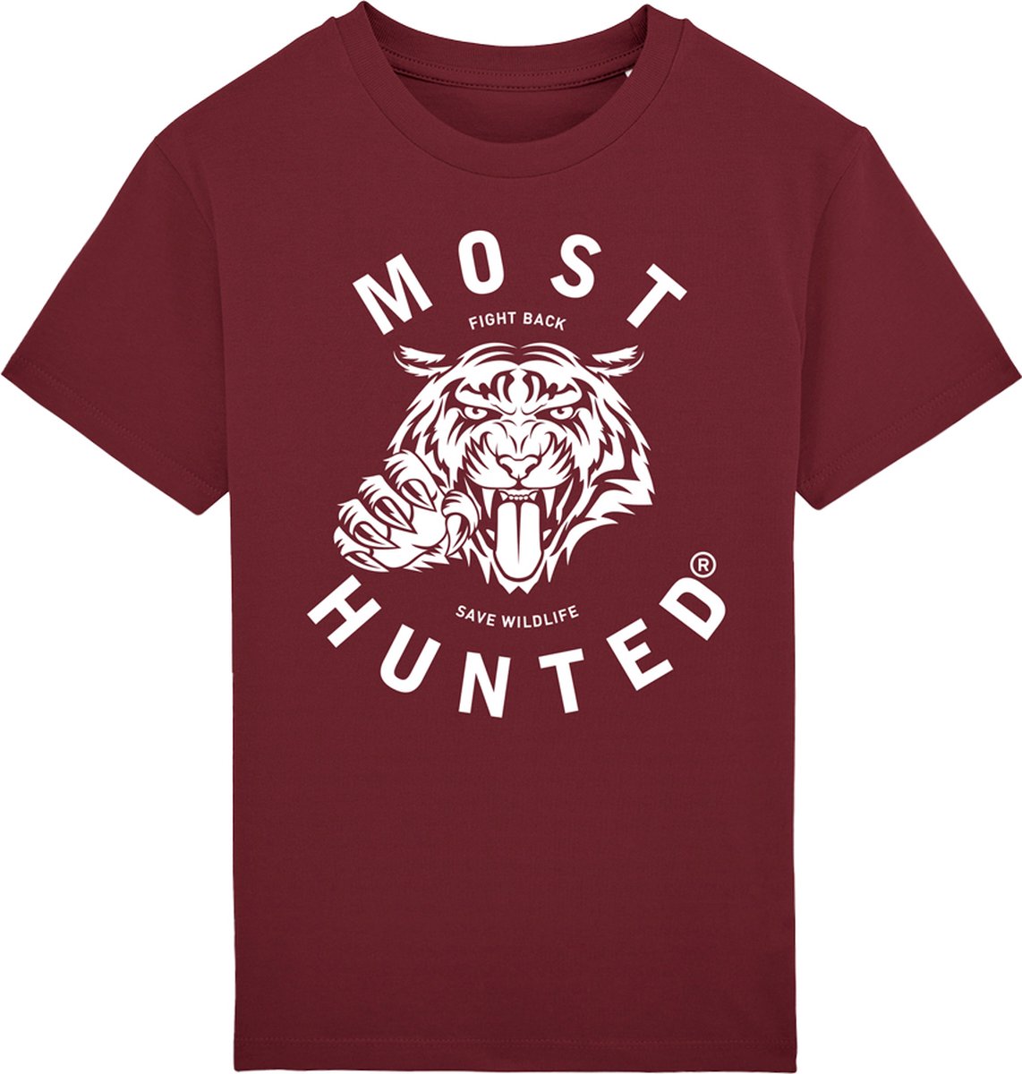Most Hunted - kinder t-shirt - tijger - bordeaux - wit - maat 110/116
