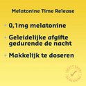Gele tekst met Shiepz Melatonine Time Release: 0,1mg melatonine, geleidelijke afgifte, makkelijk te doseren. Geen gewenning.