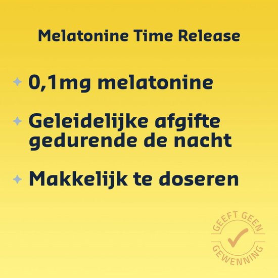 Gele tekst met Shiepz Melatonine Time Release: 0,1mg melatonine, geleidelijke afgifte, makkelijk te doseren. Geen gewenning.