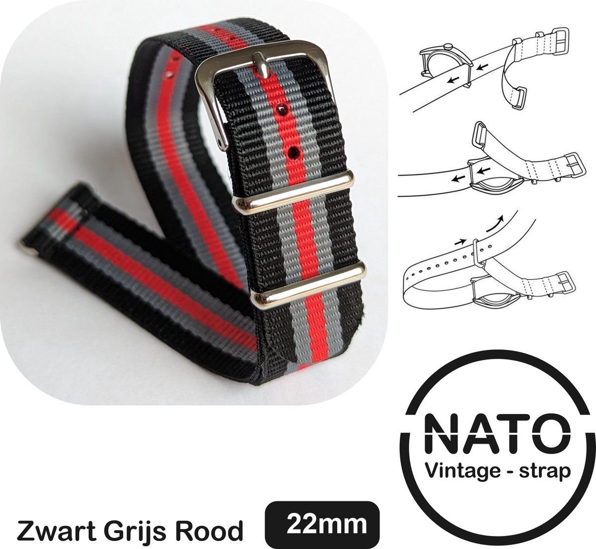 22mm Premium Nato Strap Rood Grijs Zwart - Vintage James Bond - Nato Strap collectie - Mannen Vrouwen - Horlogeband - 22 mm bandbreedte voor oa. Seiko Rolex Omega Casio en Citizen