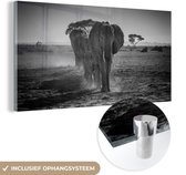 MuchoWow® Glasschilderij 120x60 cm - Schilderij acrylglas - Olifant - Vlakte - Dieren - Zwart - Wit - Foto op glas - Schilderijen