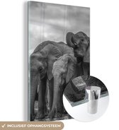 MuchoWow® Glasschilderij 80x120 cm - Schilderij acrylglas - Olifant - Dieren - Water - Zwart wit - Foto op glas - Schilderijen