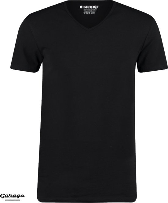 Zwart V-hals T-shirt met korte mouwen, met logo onderaan.