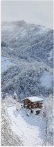 Poster Glanzend – Bergen - Huisje - Sneeuw - Bomen - Wit - 20x60 cm Foto op Posterpapier met Glanzende Afwerking