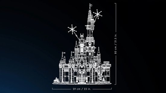 Schematische tekening van het LEGO Disney Kasteel, met afmetingen: 80 cm hoog, 59 cm breed.