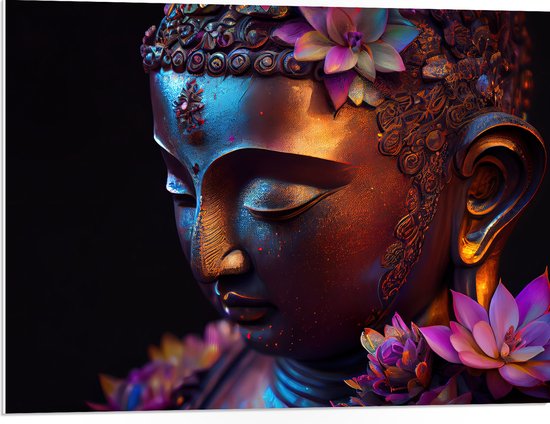 PVC Schuimplaat - Religieuze Boeddha met Roze Lelie Bloemen - 80x60 cm Foto op PVC Schuimplaat (Met Ophangsysteem)