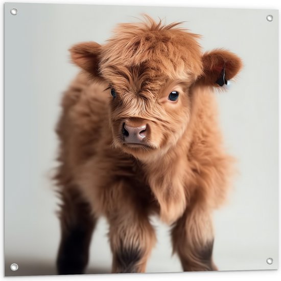 Een schattige, pluizige bruine Schotse Hooglander kalfje staat en kijkt naar de camera. De vacht is lang en warrig.