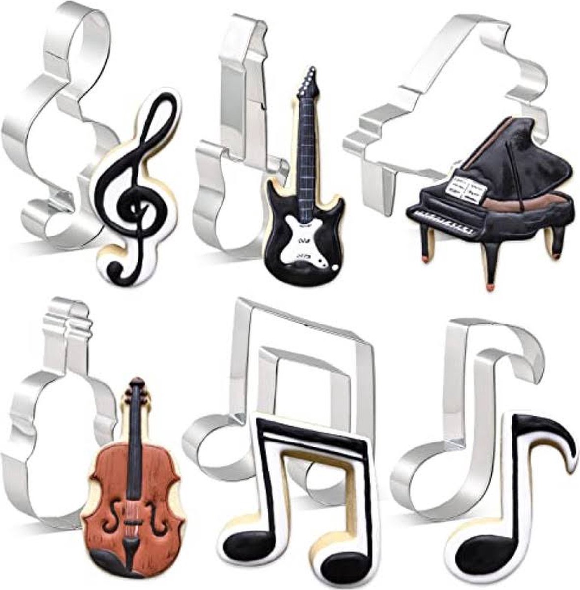 Set van 6 Muziek Uitsteekvormen - Muzieknoten, Muzieksleutel, Piano & Gitaren - RVS koekjesdeeg vormen