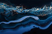 Fotobehang Fluid Art. Liquid Metallic Gold In Abstract Blue Wave. Marble Effect Background Or Texture - Vliesbehang - 368 x 254 cm