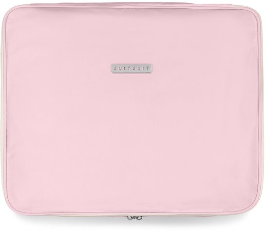 Roze pastel SUITSUIT packing cube met zilveren logo en beige biezen.
