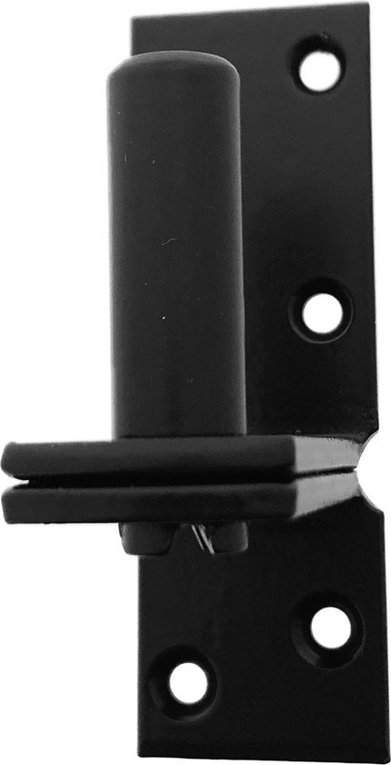 Zwarte plaatduim met een ronde pen en een 50mm brede plaat. Bevestigingsgaten zijn zichtbaar.
