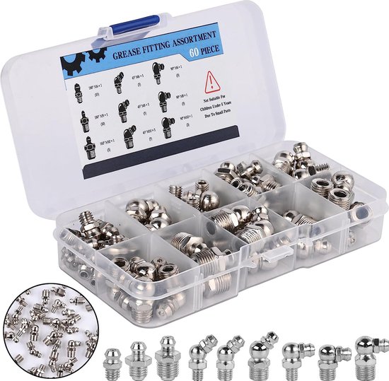Kit 105 Pièces Graisseurs à Visser - Assortiment M6 M8 M10, Raccords Droit 45° 90°, Avec Bouchons Anti-Poussière, Boîte De Rangement