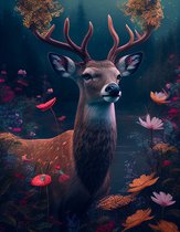 AI - Woondecoratie - Poster - Dieren - Hert - Bloemen en jungle - 51- 80 x 120 cm
