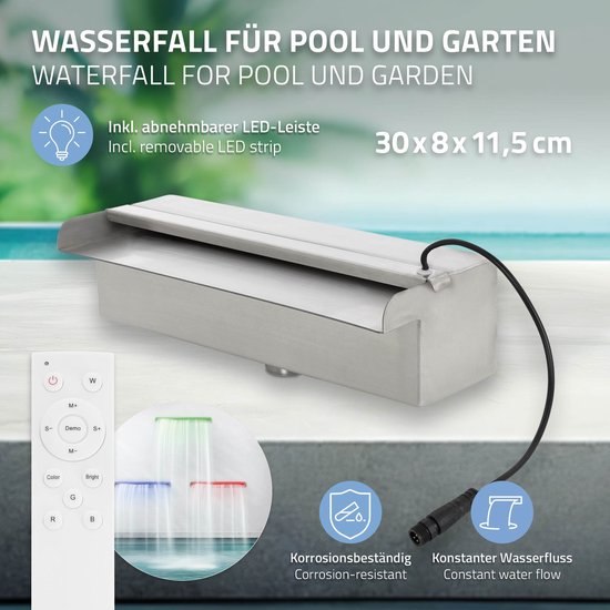 Waterval voor zwembaden 30 cm roestvrij staal incl. RGB LED verlichting en afstandsbediening ML-Design