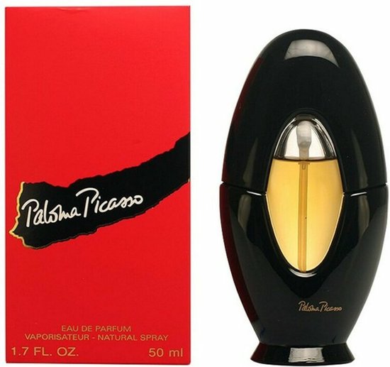 Zwarte parfumfles met gele vloeistof en rode doos. Paloma Picasso Eau de Parfum 50ml.