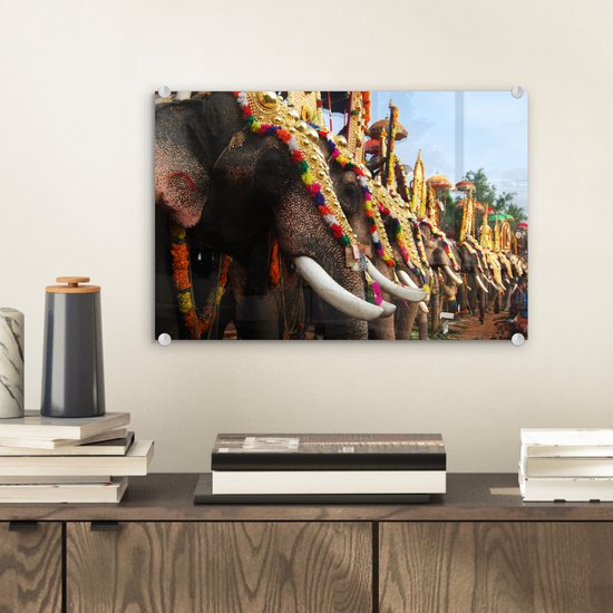 MuchoWow® Glasschilderij 30x20 cm - Schilderij acrylglas - Olifant - Parade - Dieren - Foto op glas - Schilderijen