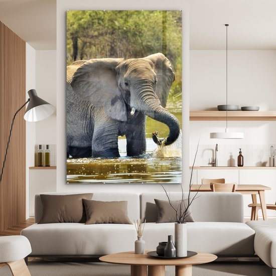 MuchoWow® Peinture sur verre 100x150 cm - Peinture sur verre acrylique - Éléphant - Water - Animaux - Nature - Photo sur verre - Peintures