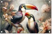 Tuinposter toekan - Tuindecoratie vogels - 60x40 cm - Wanddecoratie met bloemen voor buiten - Schutting decoratie jungle - Buitenposter - Schuttingdoek - Tuindoeken - Tuin doek - Balkon poster