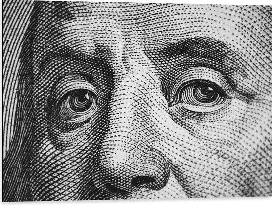 Dibond - Close-up van Benjamin Franklin op Biljet - 80x60 cm Foto op Aluminium (Met Ophangsysteem)