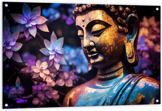 Tuinposter – Boeddha voor Struik vol Paarse Lelies - 120x80 cm Foto op Tuinposter (wanddecoratie voor buiten en binnen)