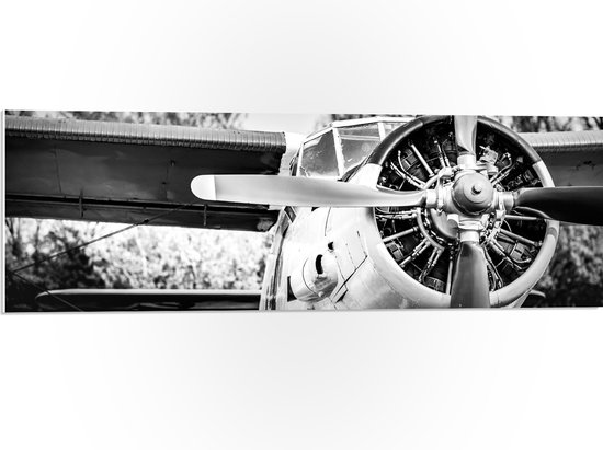 PVC Schuimplaat - Close-up van Motor van Klein Stuntvliegtuig (Zwart- wit) - 90x30 cm Foto op PVC Schuimplaat (Met Ophangsysteem)