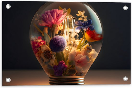 Tuinposter – Bloemboeket Groeiend in Lichtgevende Lamp - 60x40 cm Foto op Tuinposter (wanddecoratie voor buiten en binnen)