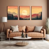 Drieluik poster met de zonsopkomst in de bergen - Minimalistisch aarde tinten - 3 maal 30x40cm