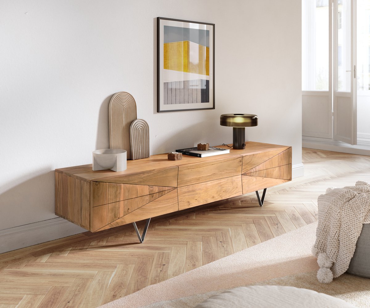 TV-tafel Wyatt acacia natuur 175 cm 2 deuren 1 klep Designer Lowboard