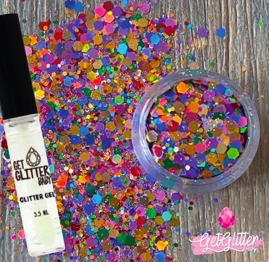 Foto: Getglitterbaby biologische biologisch afbreekbare zilveren chunky festival glitters voor lichaam en gezicht jewels biodegradable face body glittergel roze rood geel blauw oranje groene paars en glitter lijm huidlijm